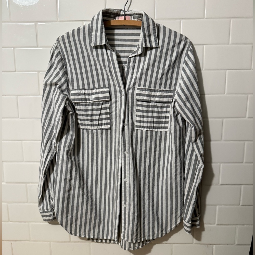 Striped Gray Button Down Shirt for Women